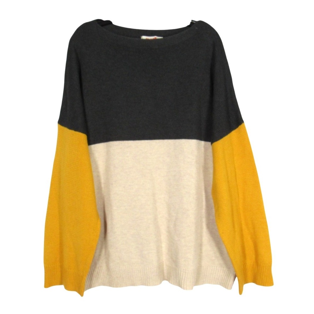 MAZIK Beige/Gold/Green COLORBLOCK Ribbed Trim CREW NECK Knit SWEATER Sz L